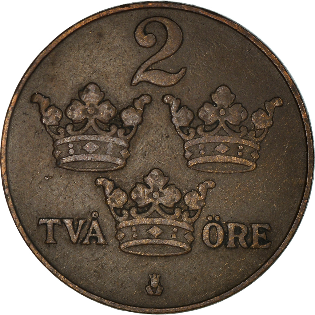 Moneda, Suecia, Gustaf V, 2 Öre, 1926, MBC, Bronce, KM:778