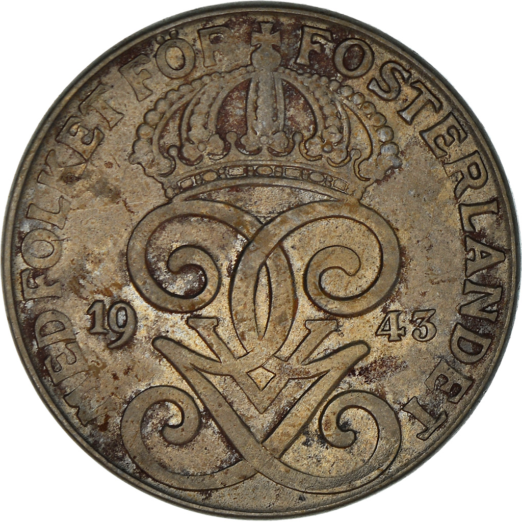 Moneda, Suecia, Gustaf V, 2 Öre, 1943, MBC, Hierro, KM:811