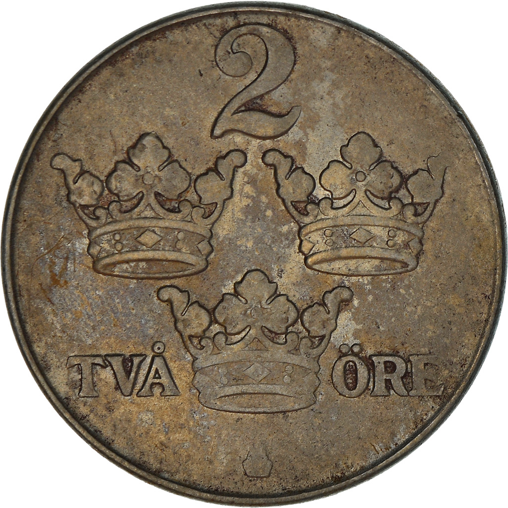 Moneda, Suecia, Gustaf V, 2 Öre, 1943, MBC, Hierro, KM:811