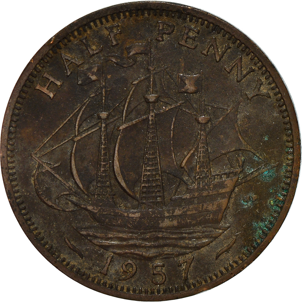 Moneda, Gran Bretaña, Elizabeth II, 1/2 Penny, 1957, BC, Bronce, KM:896