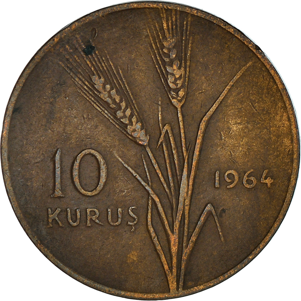 Moneda, Turquía, 10 Kurus, 1964, MBC, Bronce, KM:891.1