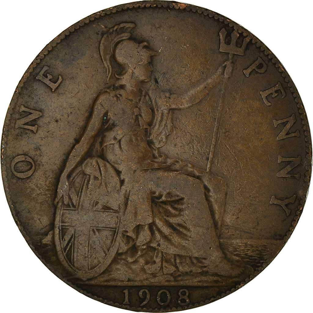 Moneda, Gran Bretaña, Edward VII, Penny, 1908, BC, Bronce, KM:794.2