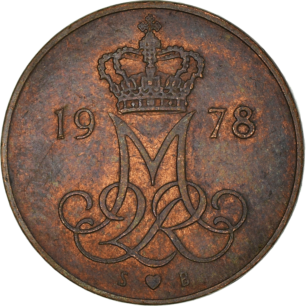 Moneda, Dinamarca, Margrethe II, 5 Öre, 1978, Copenhagen, BC+, Cobre recubierto