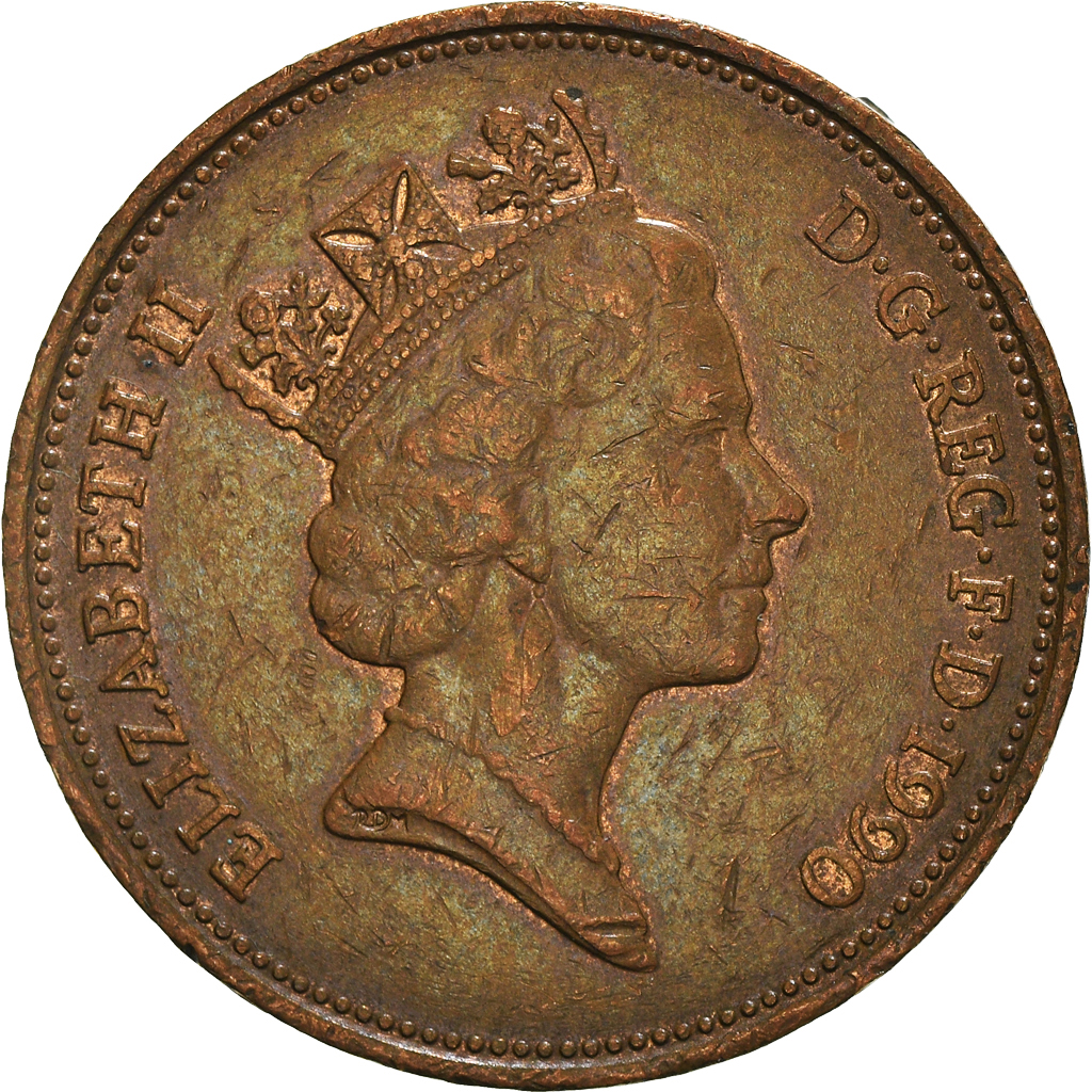 Moneda, Gran Bretaña, Elizabeth II, 2 Pence, 1990, BC+, Bronce, KM:936