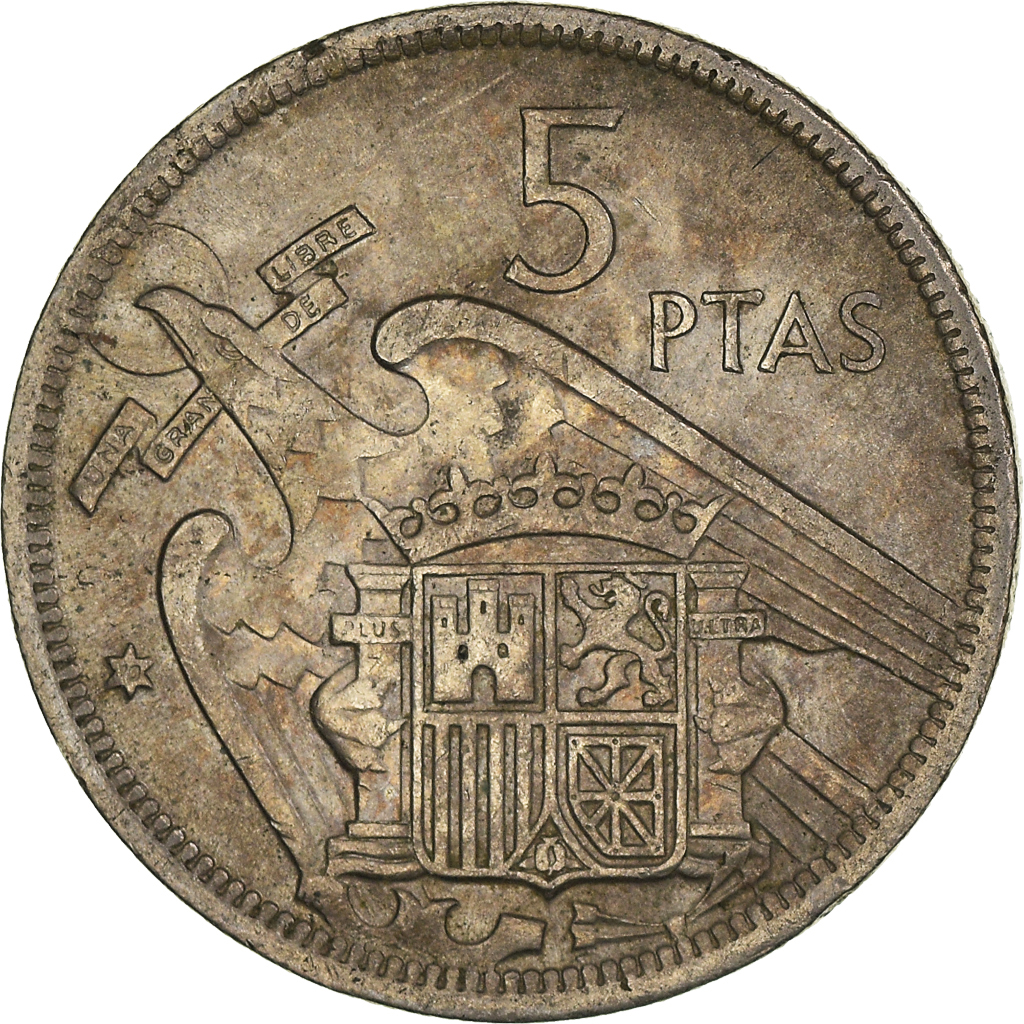 Moneda, España, Caudillo and regent, 5 Pesetas, 1970, BC+, Cobre - níquel