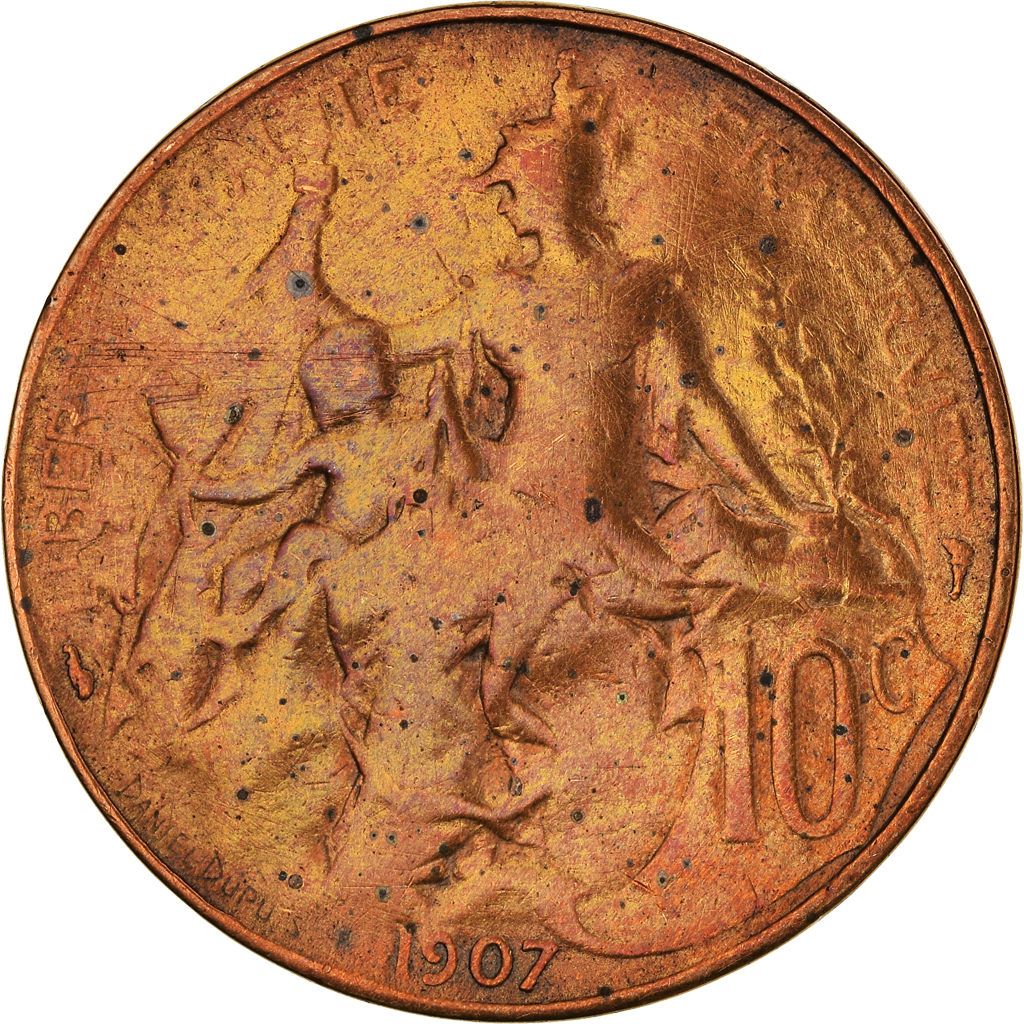 Moneda, Francia, Dupuis, 10 Centimes, 1907, Paris, BC, Bronce, KM:843