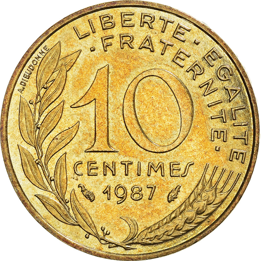 Moneda, Francia, Marianne, 10 Centimes, 1987, Paris, MBC+, Aluminio - bronce