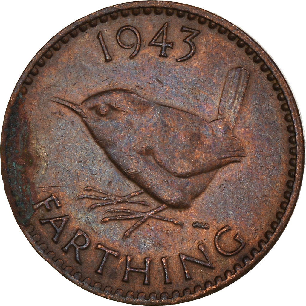 Moneda, Gran Bretaña, George VI, Farthing, 1943, BC+, Bronce, KM:843