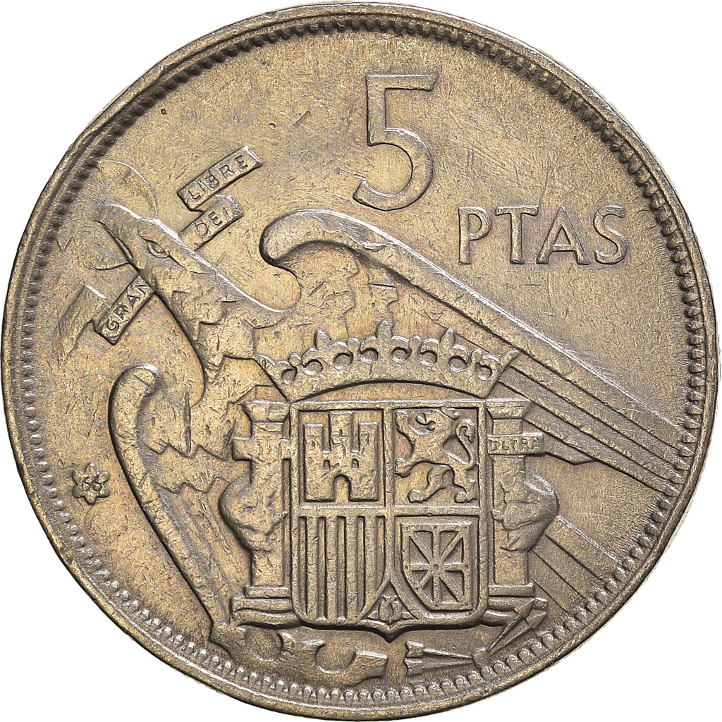 Moneda, España, Caudillo and regent, 5 Pesetas, 1966, MBC, Cobre - níquel