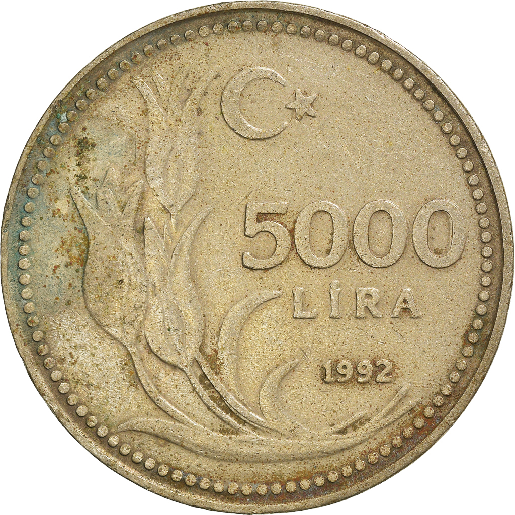 [#957913] Moneda, Turquía, 5000 Lira, 1992, BC+, Níquel - bronce, KM:1025