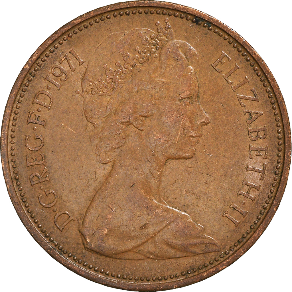 Moneda, Gran Bretaña, Elizabeth II, 2 New Pence, 1971, BC+, Bronce, KM:916