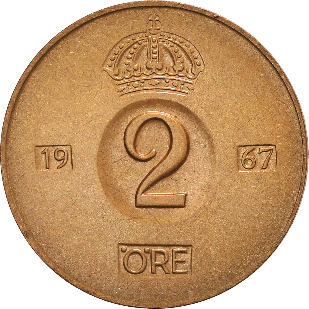 Moneda, Suecia, Gustaf VI, 2 Öre, 1967, EBC, Bronce, KM:821
