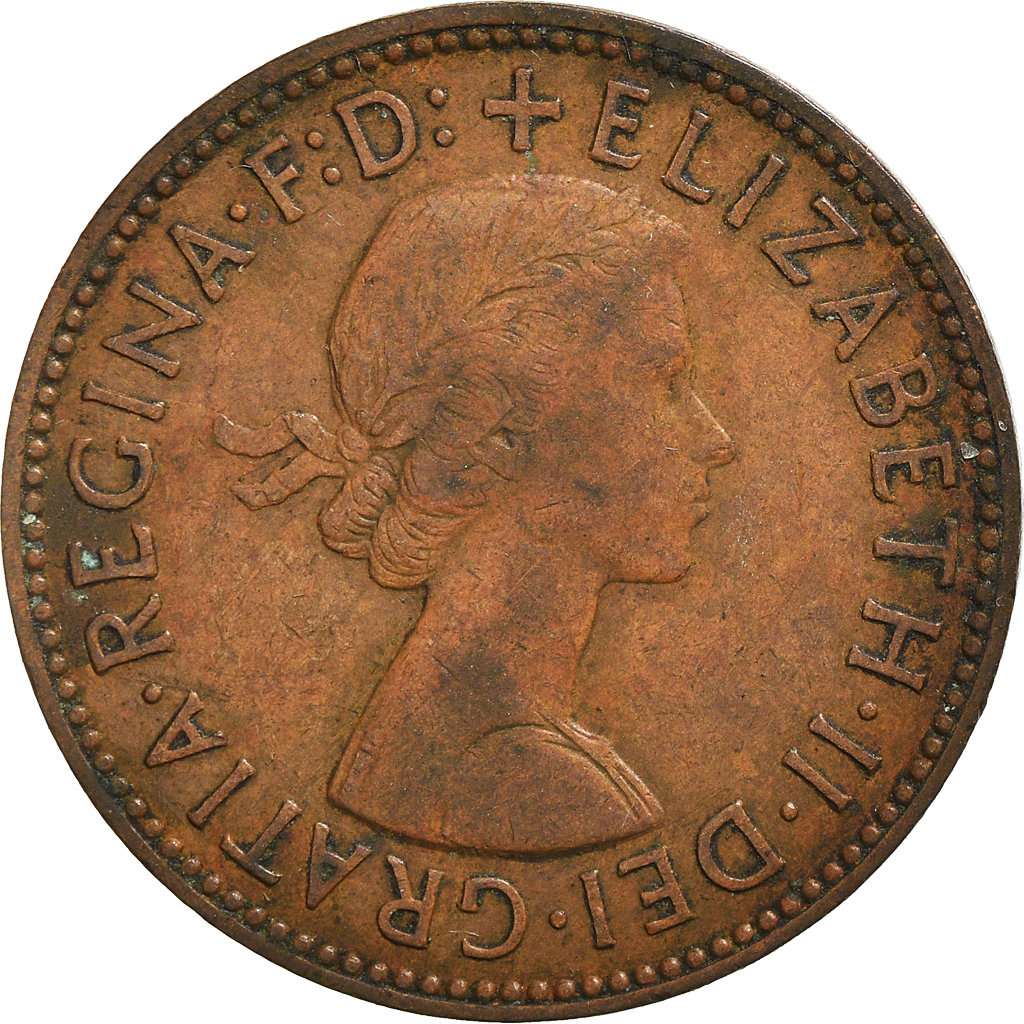Moneda, Gran Bretaña, Elizabeth II, 1/2 Penny, 1959, BC+, Bronce, KM:896