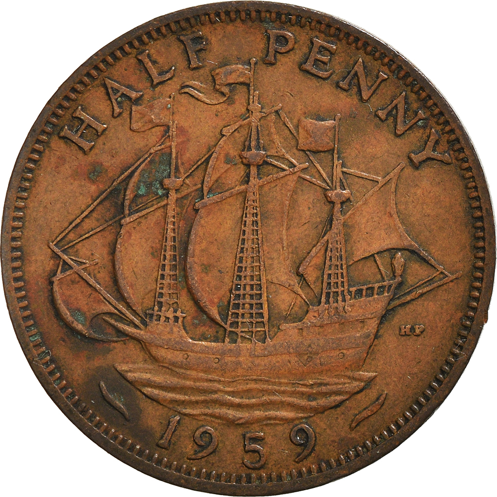 Moneda, Gran Bretaña, Elizabeth II, 1/2 Penny, 1959, BC+, Bronce, KM:896
