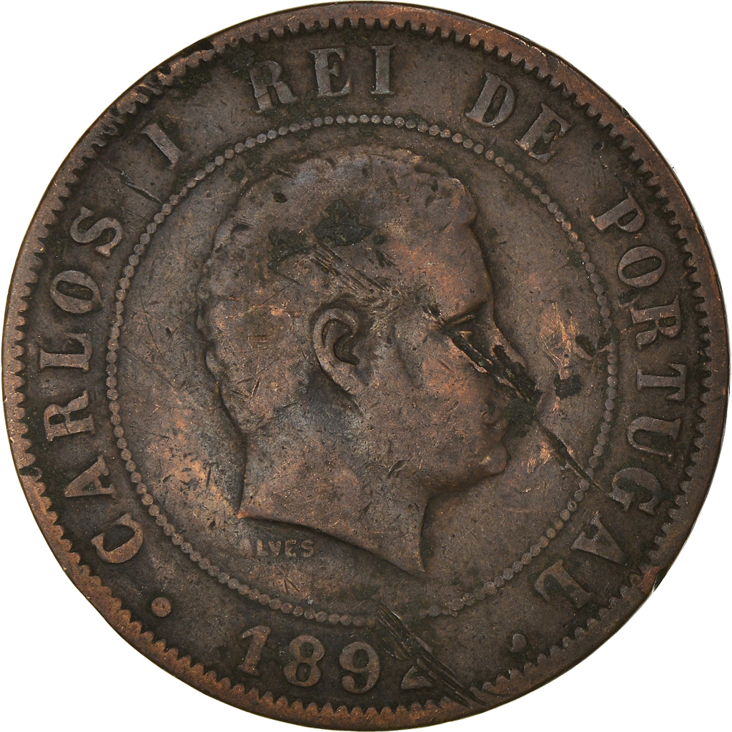 Moneda, Portugal, Carlos I, 20 Reis, 1892, BC, Bronce, KM:533