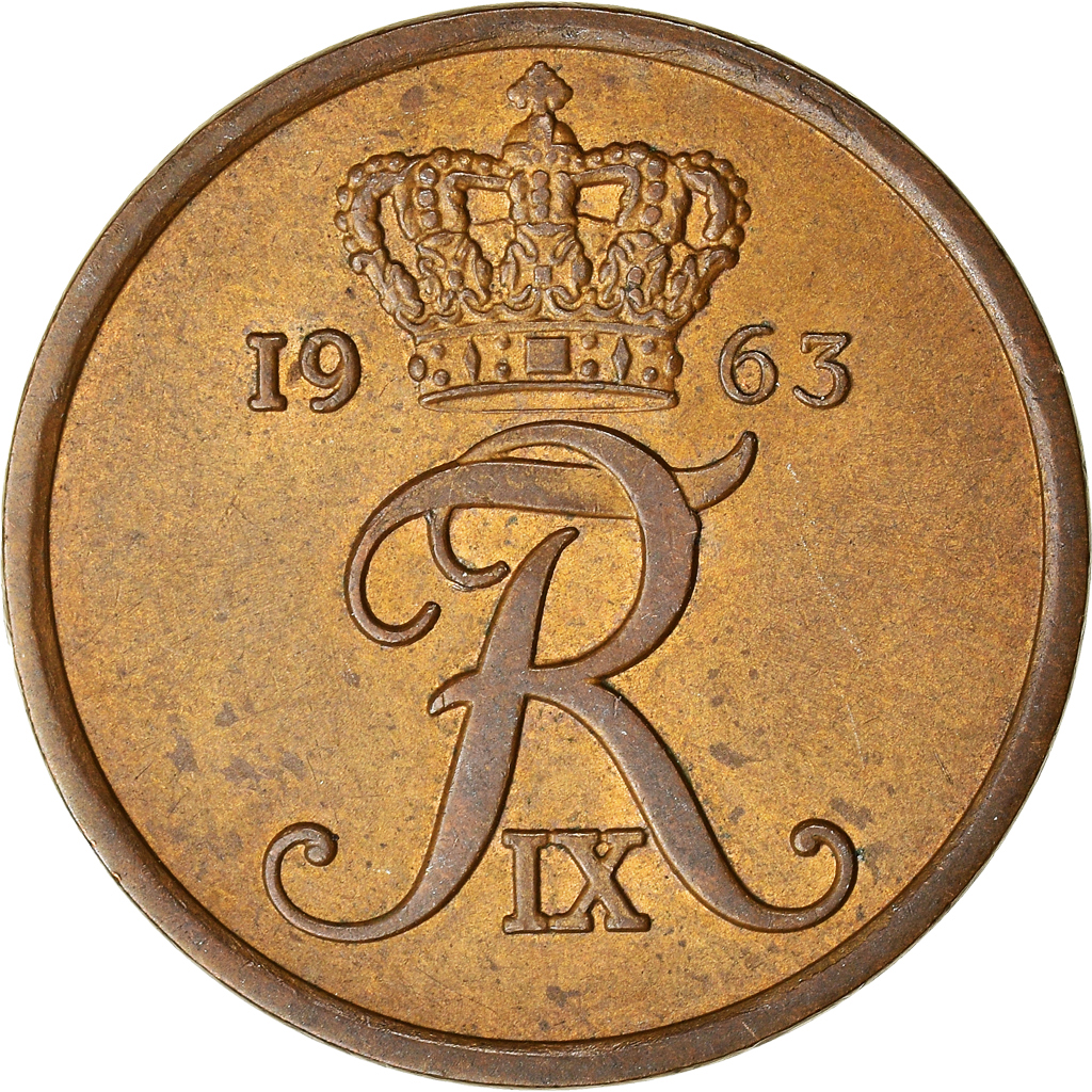 Moneda, Dinamarca, Frederik IX, 5 Öre, 1963, Copenhagen, MBC+, Bronce, KM:848.1