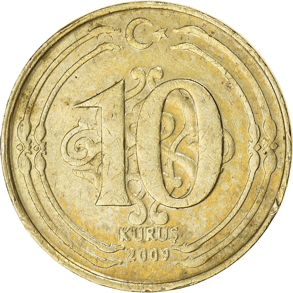 Moneda, Turquía, 10 Kurus, 2009, BC+, Latón, KM:1241