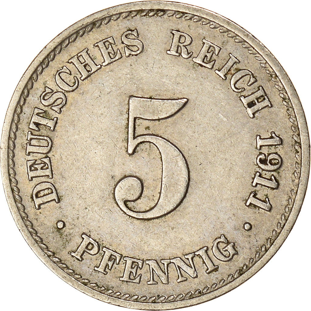 Moneda, ALEMANIA - IMPERIO, Wilhelm II, 5 Pfennig, 1911, Karlsruhe, MBC, Cobre -