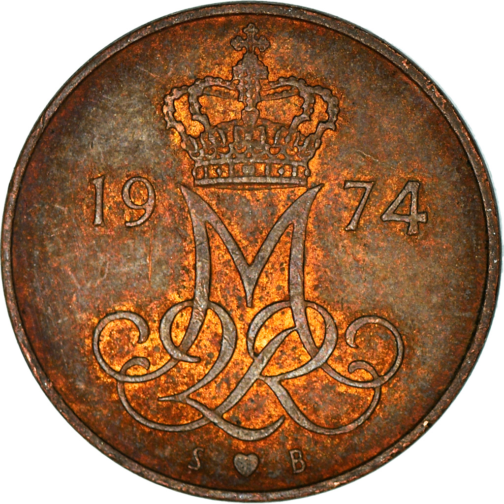 Moneda, Dinamarca, Margrethe II, 5 Öre, 1974, Copenhagen, BC+, Cobre recubierto