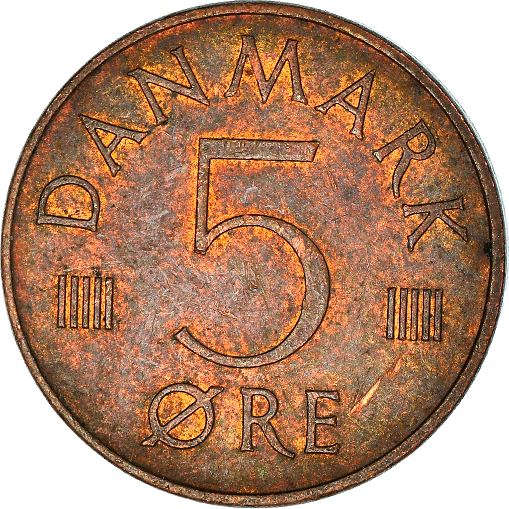 Moneda, Dinamarca, Margrethe II, 5 Öre, 1974, Copenhagen, BC+, Cobre recubierto