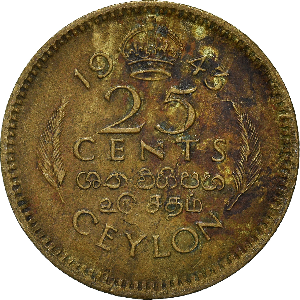 Moneda, Ceilán, 25 Cents, 1943