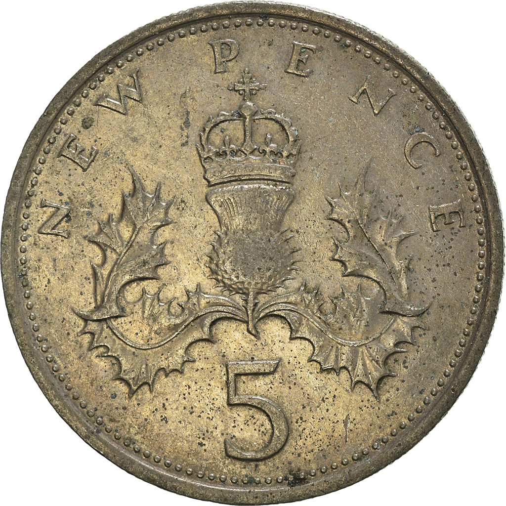 Moneda, Gran Bretaña, 5 New Pence, 1975