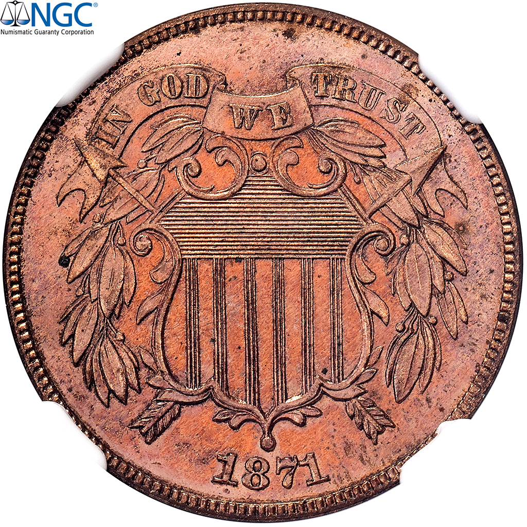 United States, 2 Cents, Union Shield, 1871, Philadelphia, Proof, Bronze, NGC