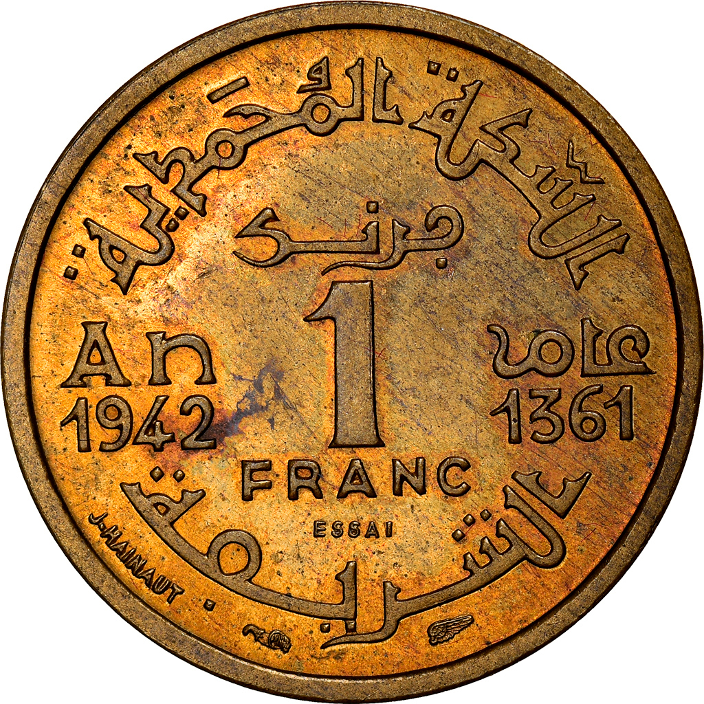 Coin, Morocco, Mohammed V, Franc, 1942/AH1361, Paris, ESSAI, MS
