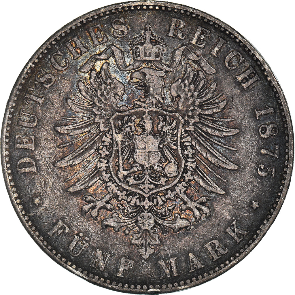 Coin, German States, BADEN, Friedrich I, 5 Mark, 1875, Stuttgart, EF