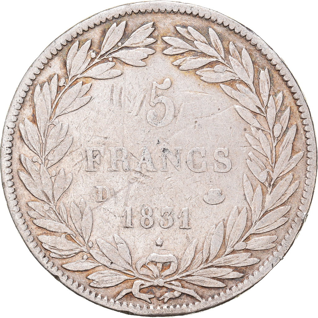 Coin, France, Louis-Philippe, 5 Francs, 1831, Lyon, VF(30-35), Silver, KM:735.4