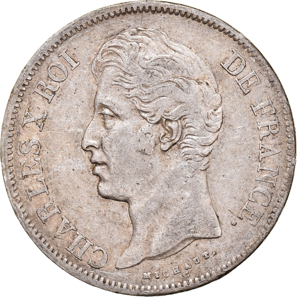 Coin, France, Charles X, 5 Francs, 1827, Lyon, EF, Silver, KM:728.4