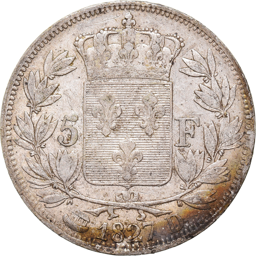 Coin, France, Charles X, 5 Francs, 1827, Lyon, EF, Silver, KM:728.4