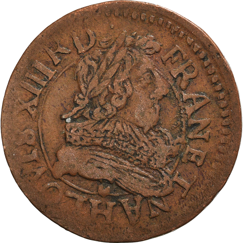 Coin, France, Louis XIII, Double tournois, buste juvénile au col fraisé