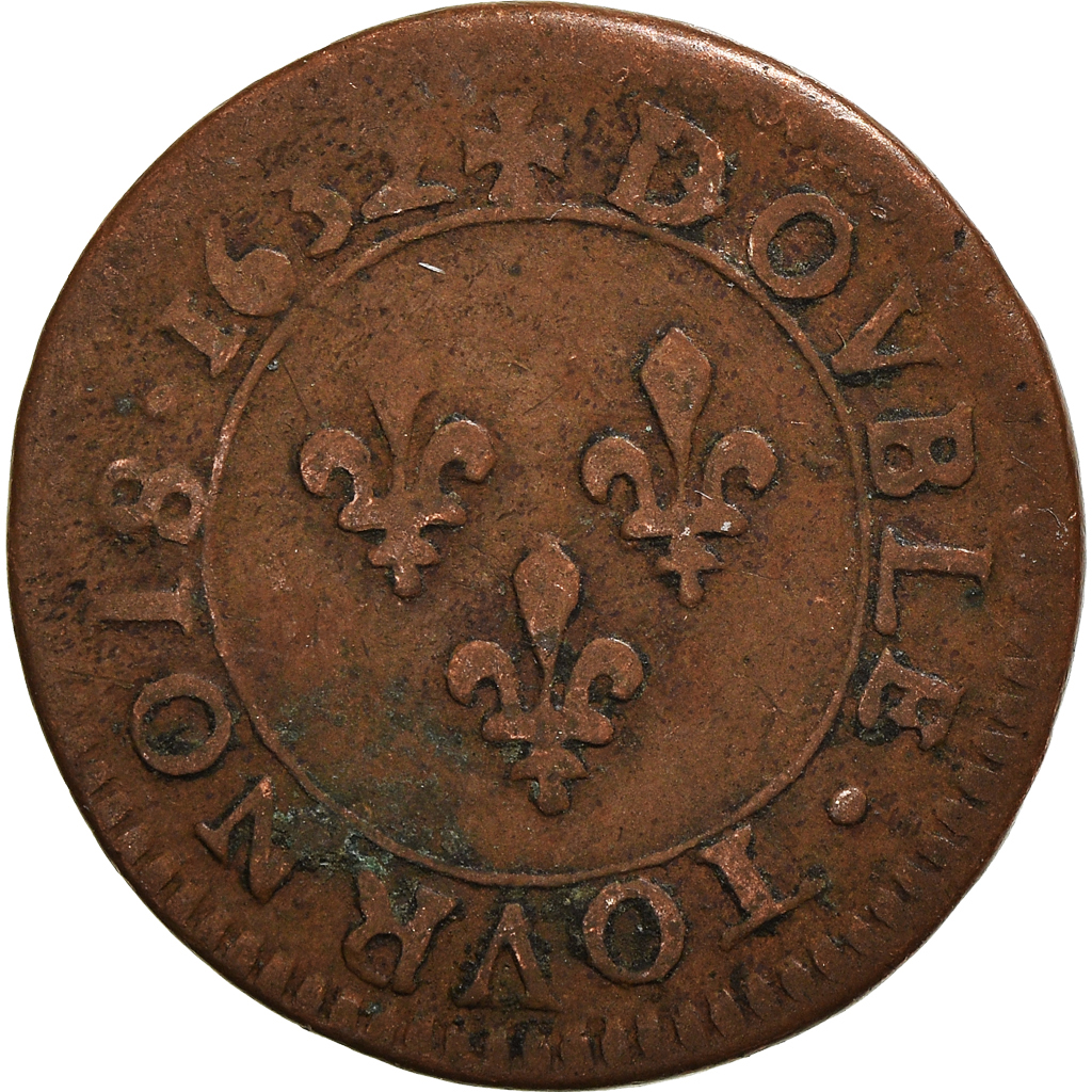 Coin, France, Louis XIII, Double tournois, buste juvénile au col fraisé