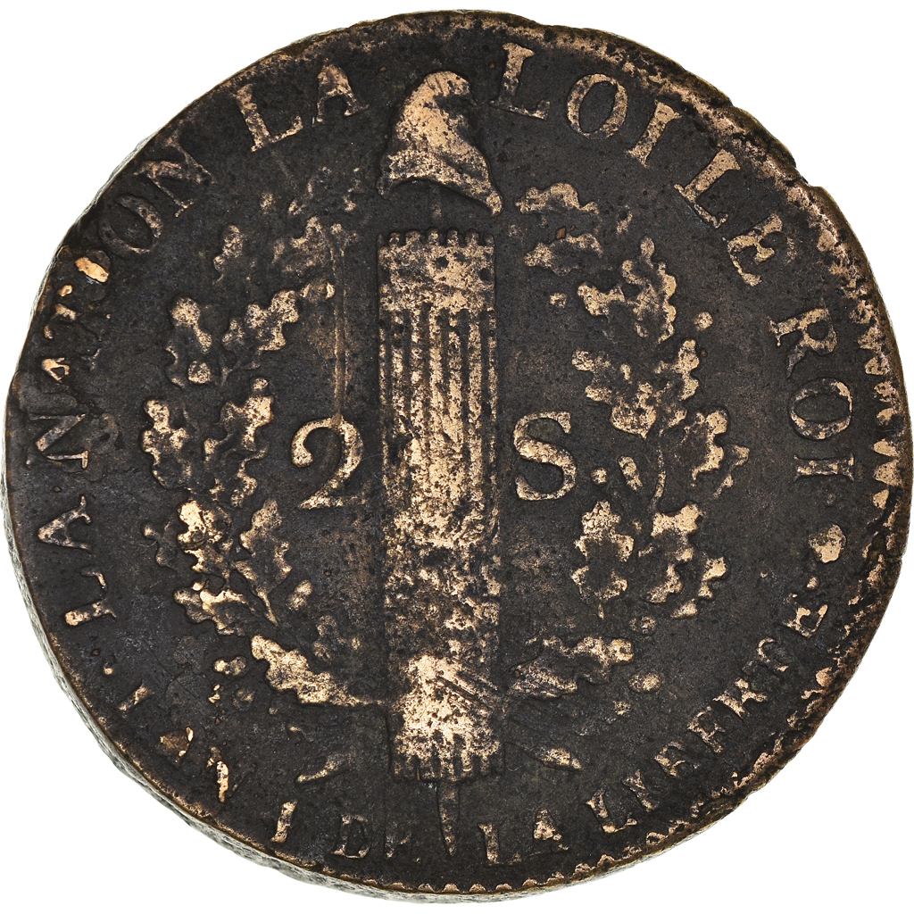 Coin, France, Louis XVI, 2 sols françois, 2 Sols, 1792, Toulouse, 