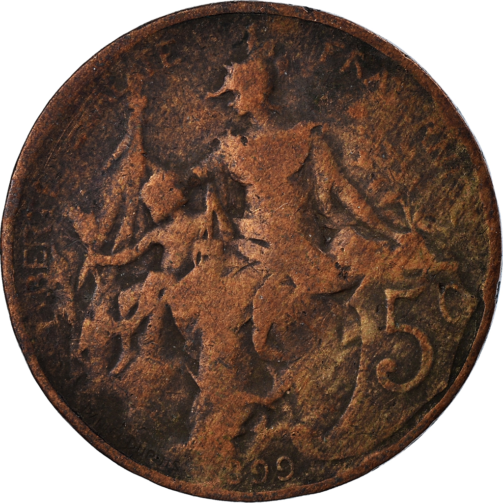 Moneda, Francia, 5 Centimes, 1899, BC+, Bronce