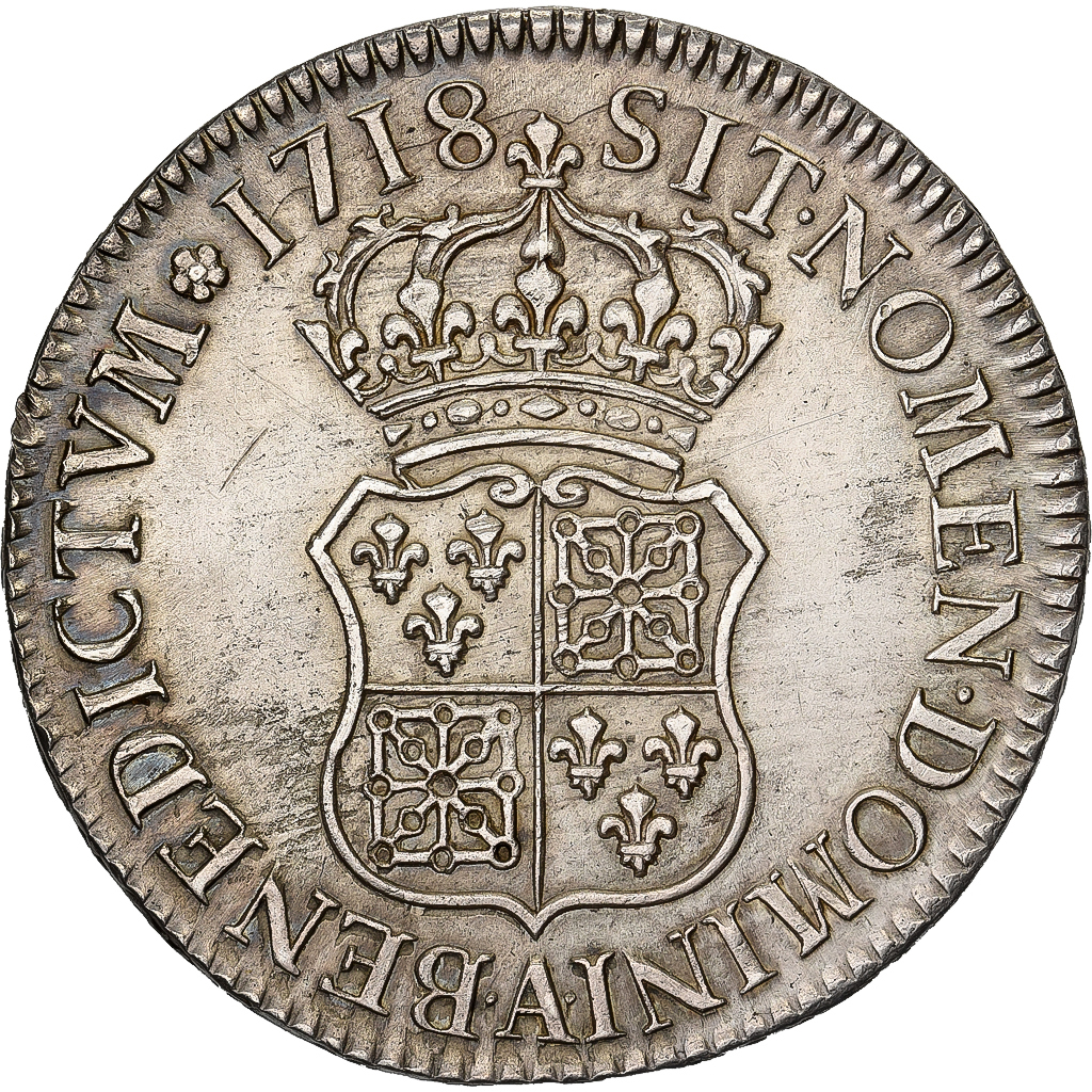 France, Louis XV, Écu de France-Navarre, 1718, Paris, Silver, AU