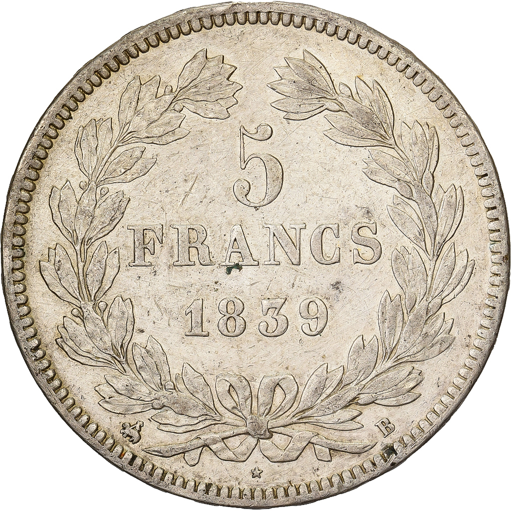 France, Louis Philippe I, 5 Francs, 1839, Rouen, Silver, AU, Gadoury:677a