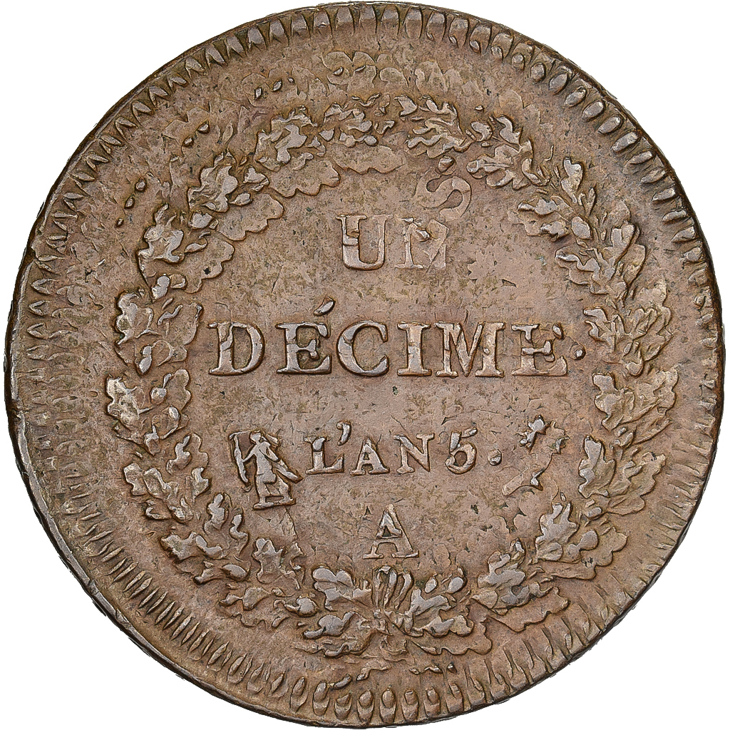 France, 1 Décime, Dupré, AN 5, Paris, 2 Decimes overstrike, Copper