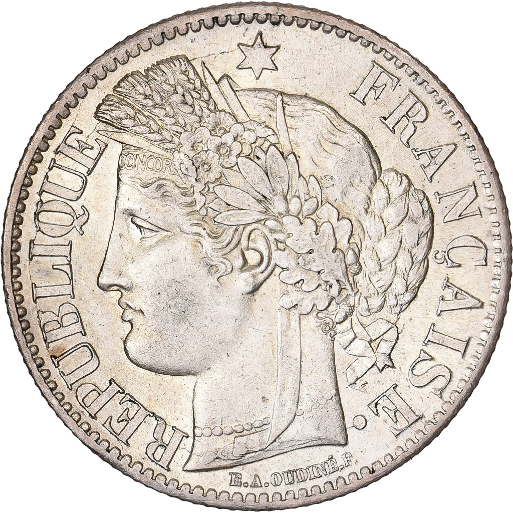 France, 2 Francs, Cérès, 1870, Bordeaux, Anchor, Silver, MS