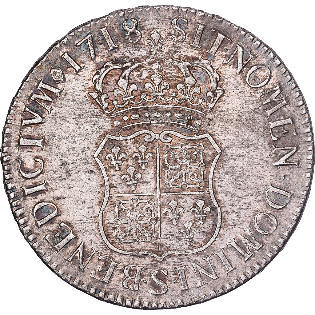 France, Louis XV, Écu de France-Navarre, 1718, Reims, Silver, AU