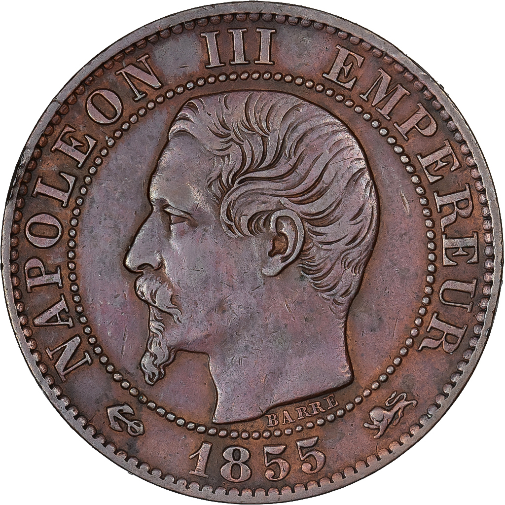 France, Napoleon III, 5 Centimes, 1855, Lyon, Bronze, AU