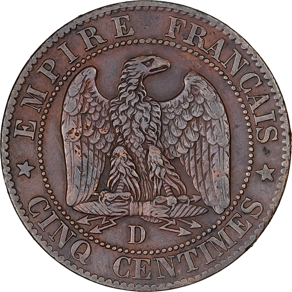 France, Napoleon III, 5 Centimes, 1855, Lyon, Bronze, AU