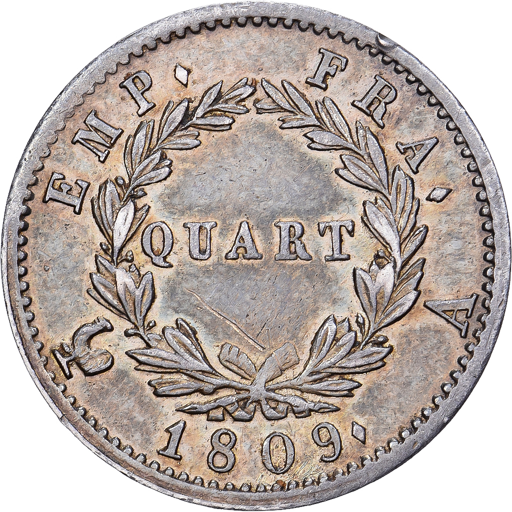 France, Napoleon I, Quart, 1809, Paris, Silver, AU(55-58), Gadoury:350