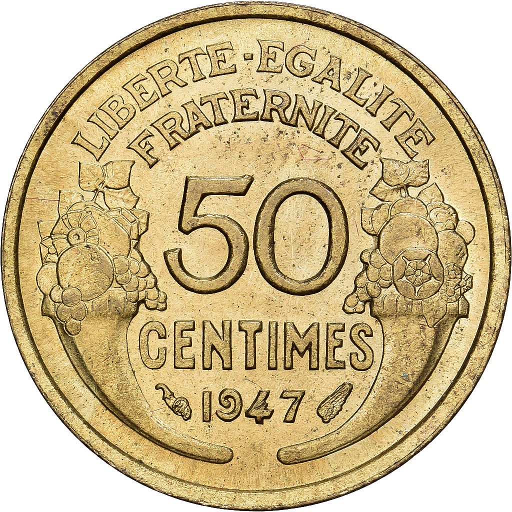 France, 50 Centimes, Morlon, 1947, Paris, Cupro-Aluminium, AU