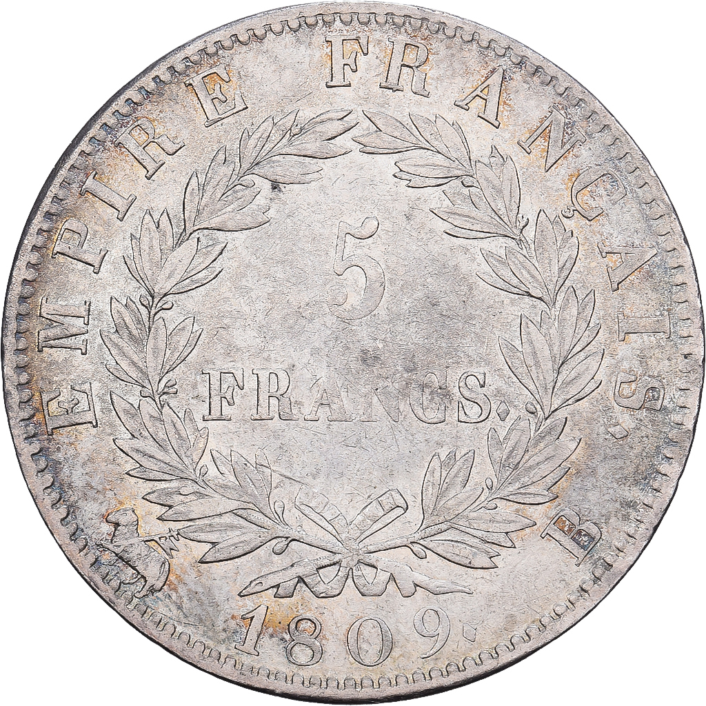 France, Napoleon I, 5 Francs, 1809, Rouen, Silver, EF, Gadoury:584