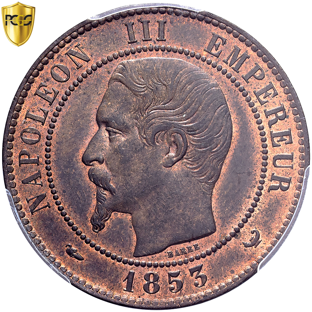France, Napoleon III, 10 Centimes, 1853, Lille, Bronze, PCGS, MS63RB