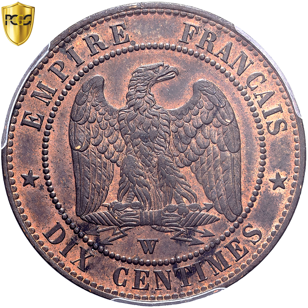 France, Napoleon III, 10 Centimes, 1853, Lille, Bronze, PCGS, MS63RB