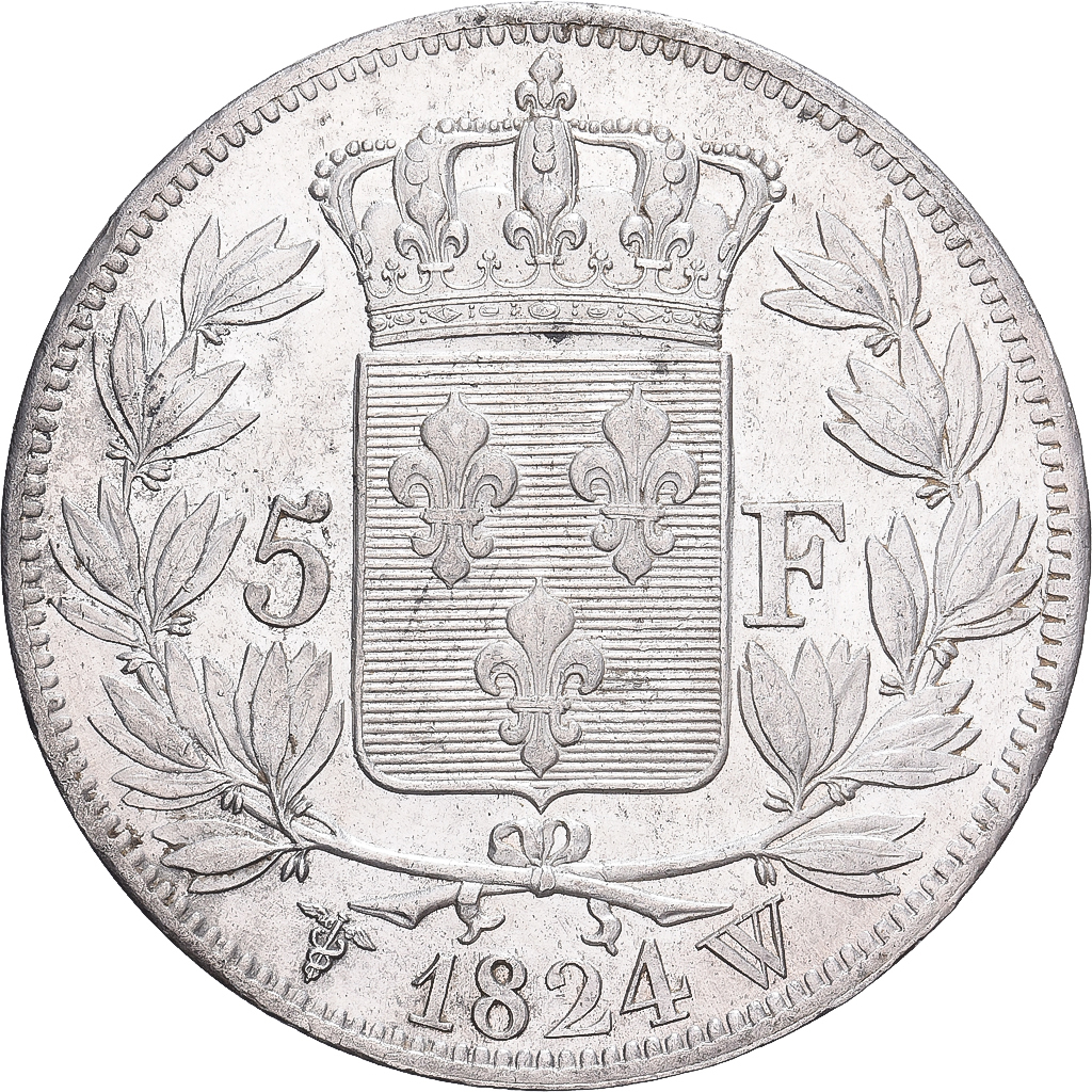 France, Louis XVIII, 5 Francs, 1824, Lille, Silver, MS, Gadoury:614